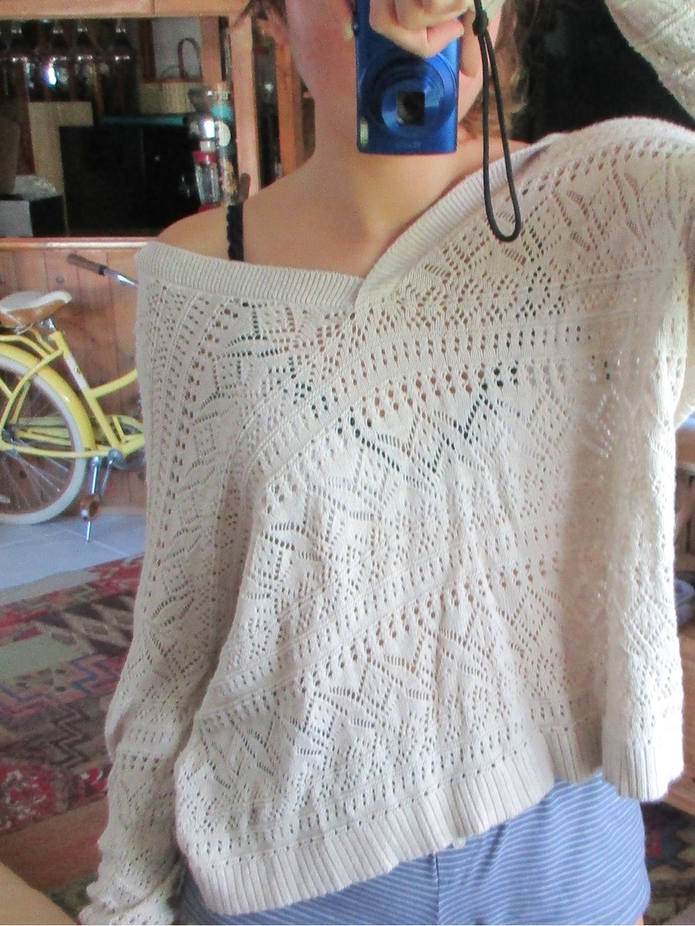 LOFT Cream Open-Knit Off-Shoulder Sweater